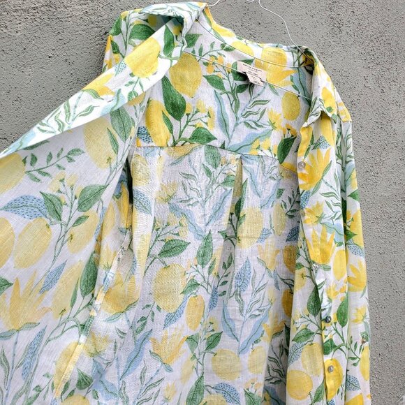 Martha Stewart 100% Linen Lemon Print Collared Blouse Long Sleeve L XL - Picture 8 of 8